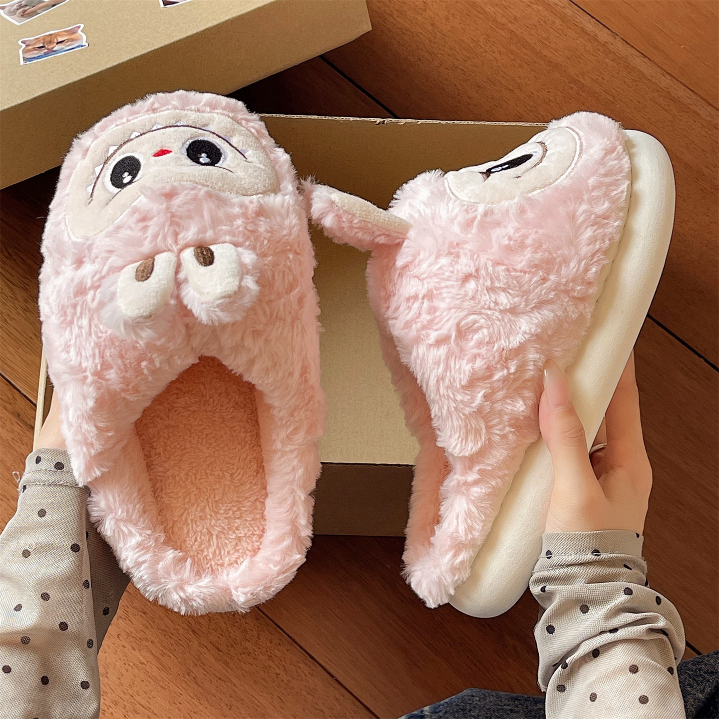 Free Shipping Cute funny rabbit fur slippers for women's indoor home with plush insulation thick bottom anti slip cotton slippers with toe caps