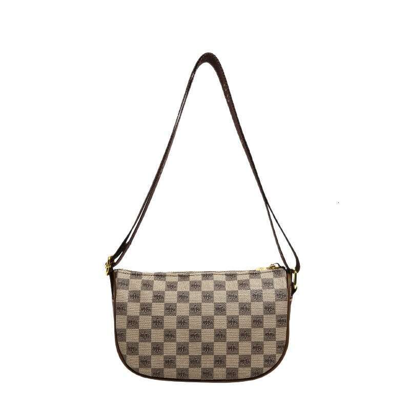 2025 Summer New Casual Plaid Dumpling Women's Retro European Style Wide Strap Large Capacity Shoulder Crossbody Bag Khaki Brown Z260224