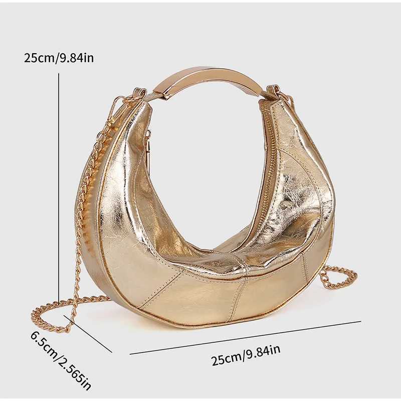 Gold Shiny Leather Crescent Moon Handbag Womens Purse Elegant Chain Shoulder Bag Highend Banquet Clutch Evening Bag Z250903