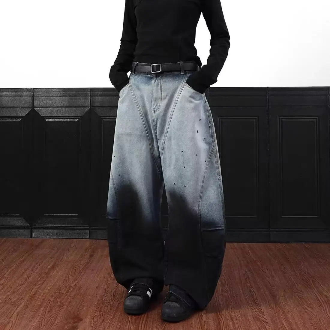 American retro gradient high street splashed ink personality loose curved knife hiphop jeans men and women trendy casual pants 250823Z