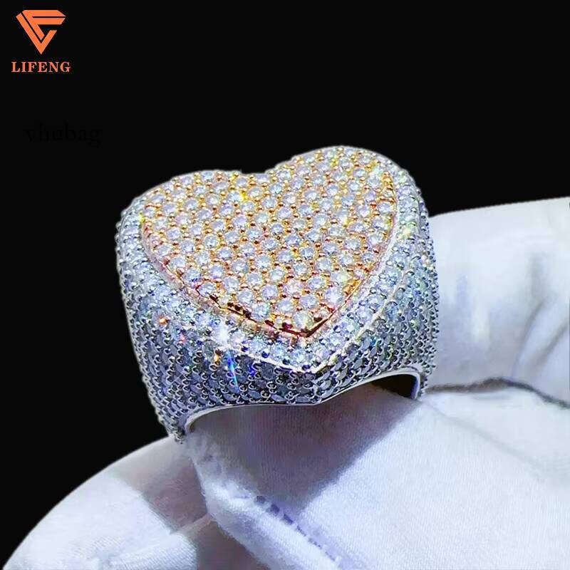 Iced Out HipHop D VVS Moissanite Men Women Jewelry Custom Two Tone Heart Full Dia Sterling Sier Ring