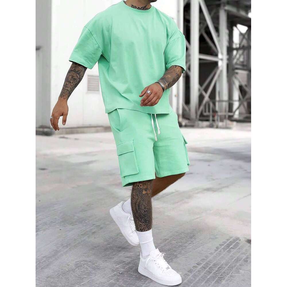 Clothing Round Neck Short Sleeve T-shirt Drawstring Pocket Shorts Set Men's Sportswear