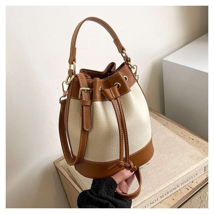 Designer Bag Luxury Bag Spring Retro Color Block PU Bucket Women's High End Fashion Drawstring Handheld Single Shoulder Shoulder Bag Crossbody Sm
