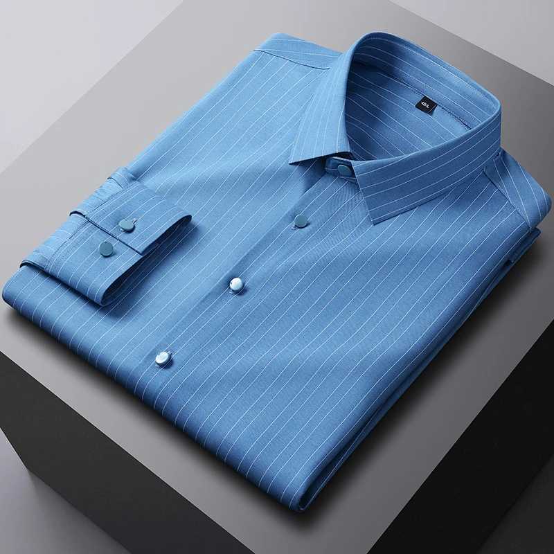 Bamboo fiber elastic plaid casual long sleeve shirts for men slim fit formal shirt soft easycare fashion korean office clothes X250903