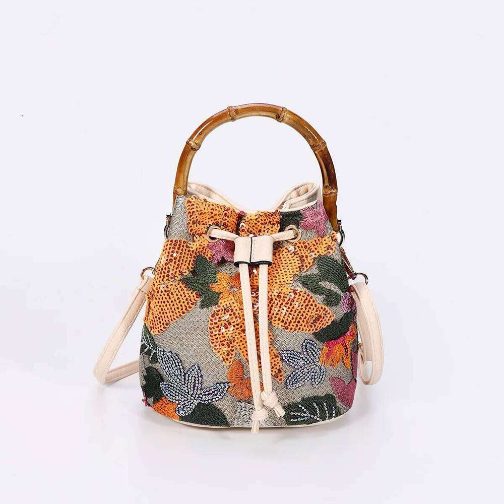 Fashion Sequin Embroidery Bucket Baboom Handle Women Handbags Flower Straw Shoulder Crossbody Bags Sumer Beach Tote Bag