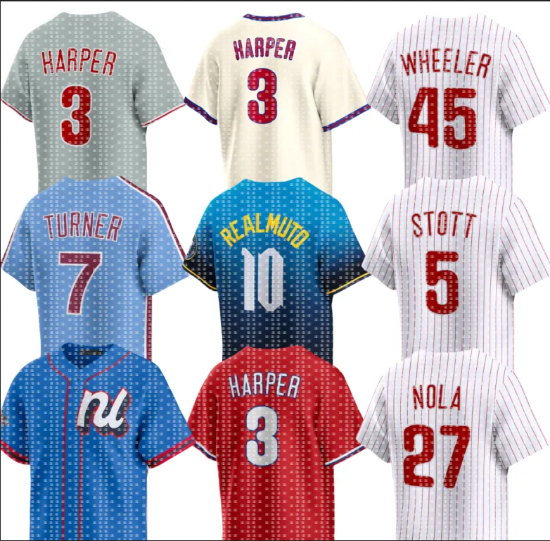 Custom Phillies Baseball Jerseys Roy Halladay Bryce Harper Alec Bohm Trea Turner Aaron Nola Zack Wheeler Nick Castellanos Kyle Schwarber Bryson Stott Brandon
