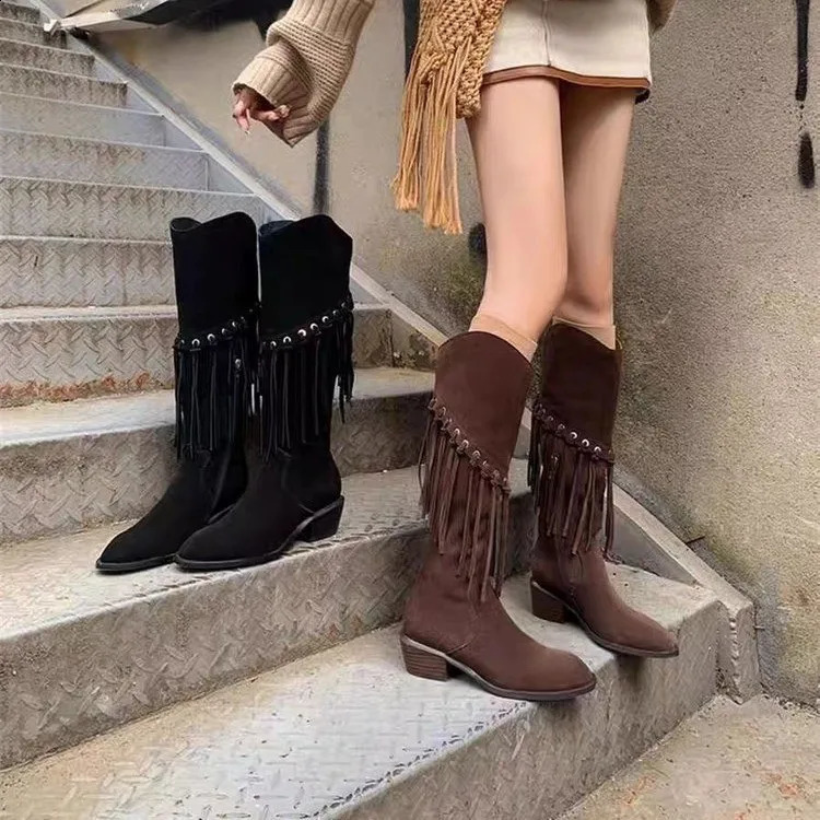 French Vintage Brown Leather Fringed Cowboy Boots Womens Maillard Boots Prairie Wear Knight Boots 250903