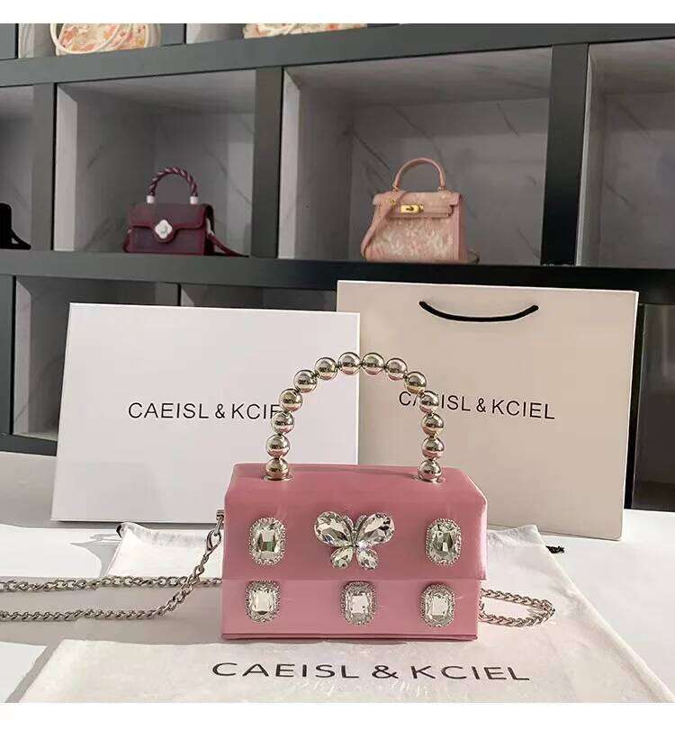 High Quality Satin Square Box Women Handbag Crystal Shiny Rhinestone Dia Evening Dinner Party Clutch Purse Messenger Bag