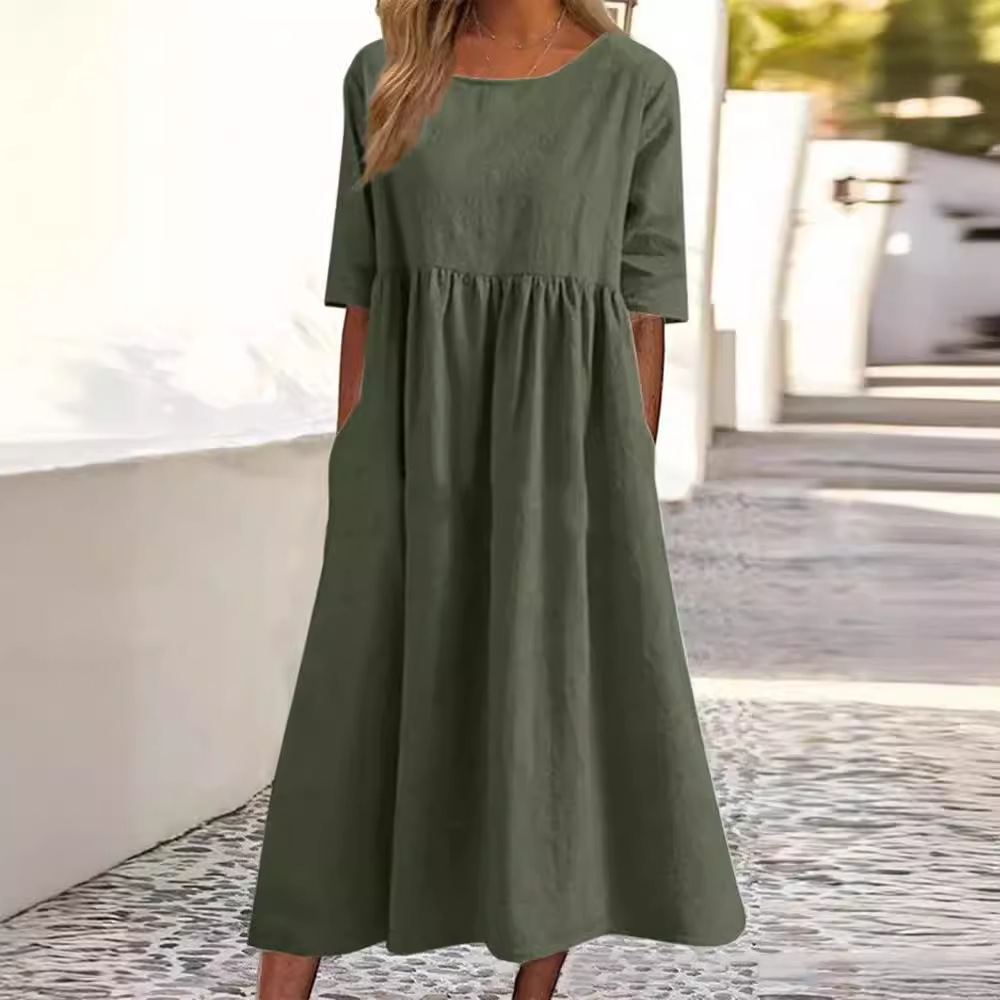 H830New spring and summer round neck 5-point sleeve large size casual loose long solid color cotton and linen dress