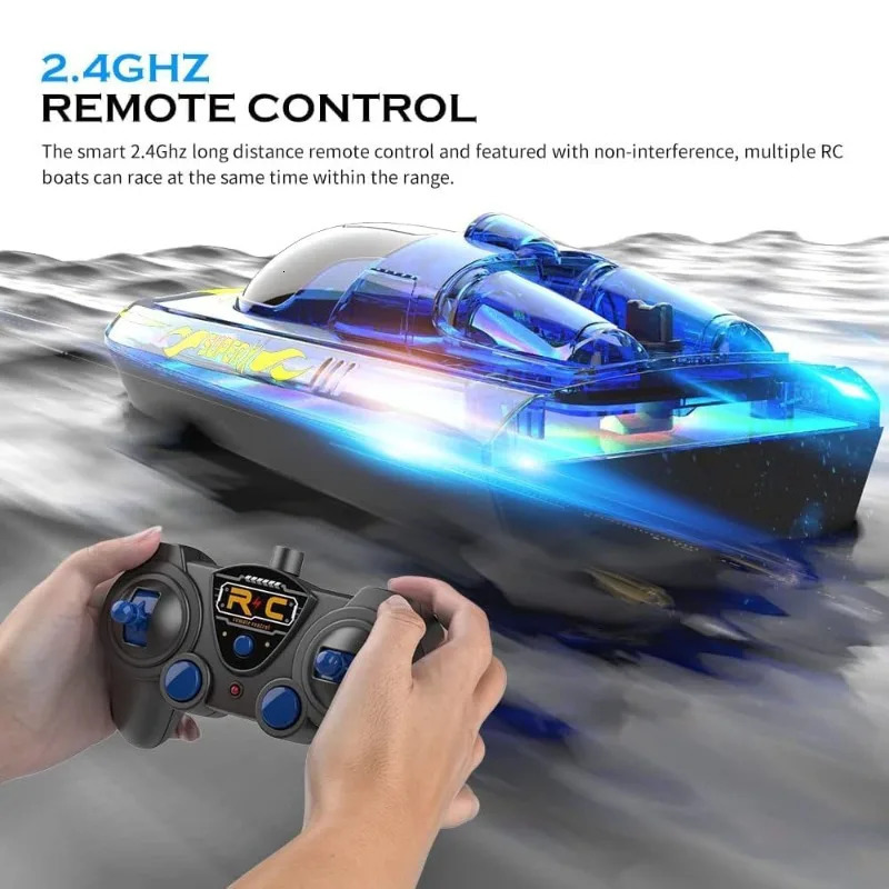 V555 24GHz Lighting Racing RC Boat 15KMH With Bright LED Light For Adults and Kids With Rechargeable Battery 250902