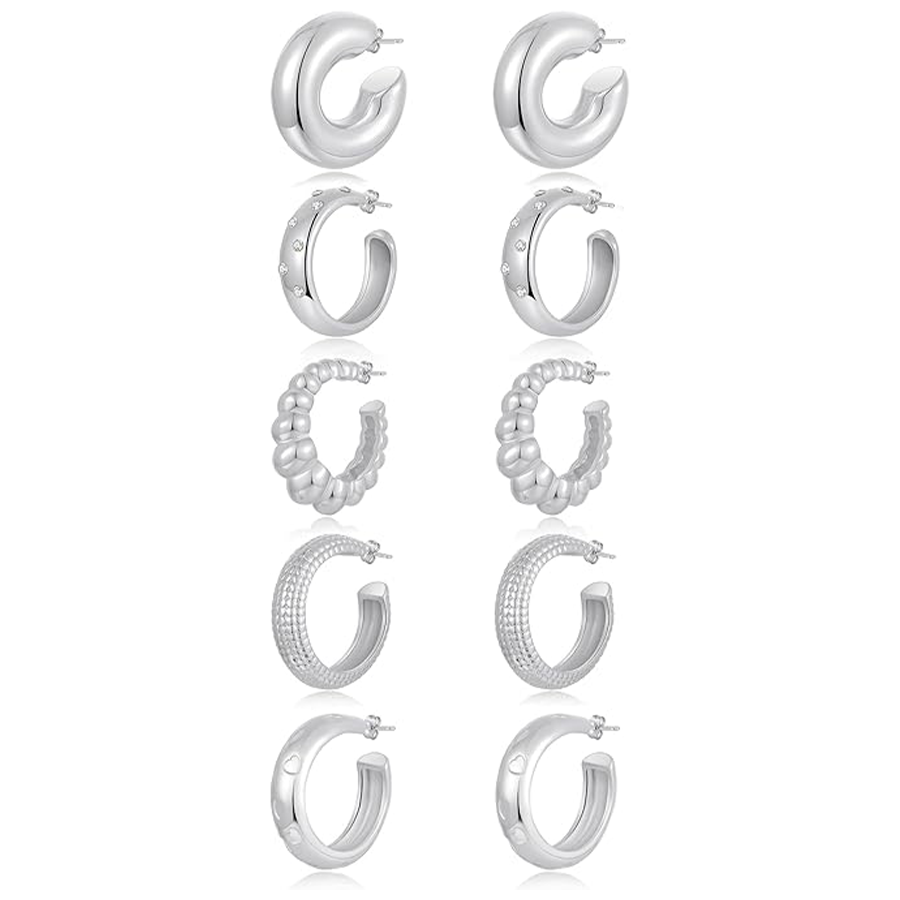 5 Pairs Chunky Hoops Earrings Thick Open Hoop Lightweight Hollow Earrings for Women Trendy Jewelry Silver Tone