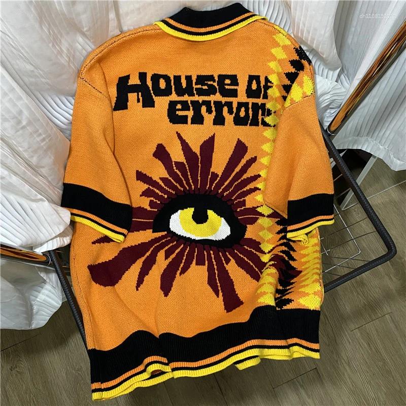 Men's T Shirts House Of Error Sweater Knitted Long Sleeve Multicolored Lapel Tops Jacquard Eye Pattern Loose Casual T-shirt