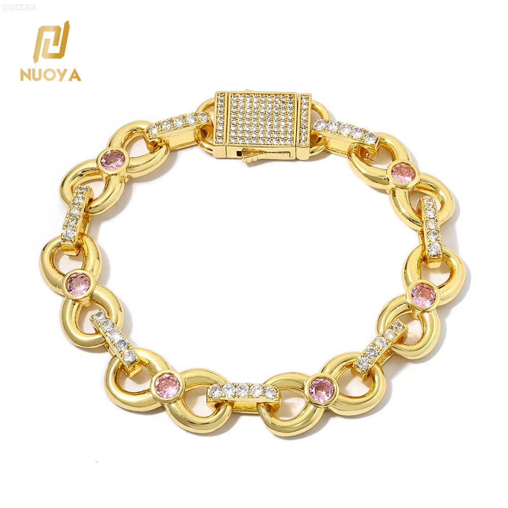 NUOYA Womens Hip Hop Diamond Bracelet Gold Plated Pink Moissanite Infinity Link Chain Elastic Clasp Chain Bracelet Jewelry for Gift