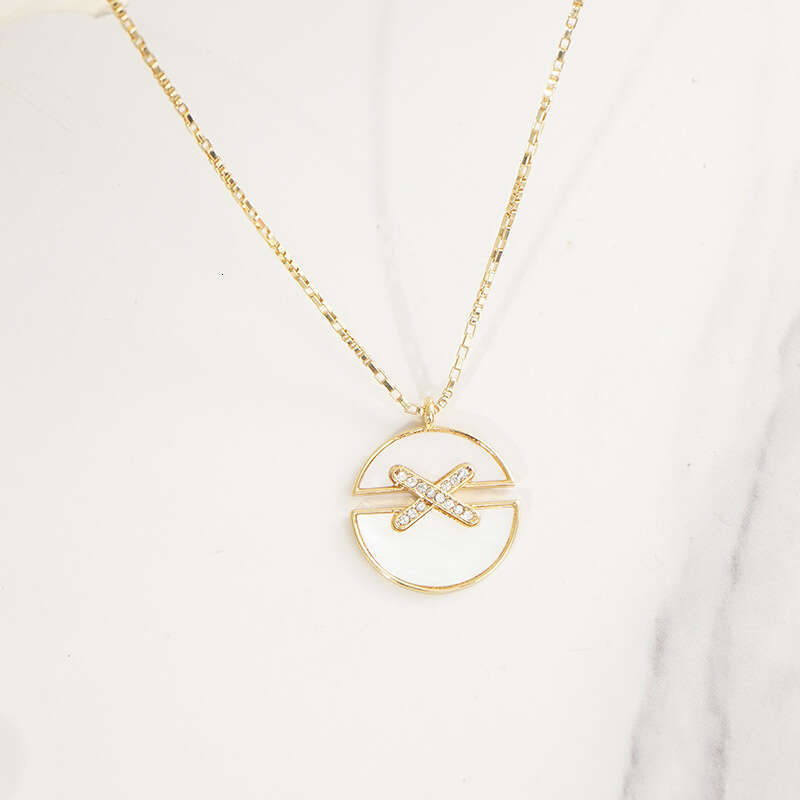 DHpet 2025 New White Mother of Pearl Collar Necklace - 18K Gold Plated, Zircon Inlay, Round Cross Design, Bamboo Chain, Lvyuan Brand for Women