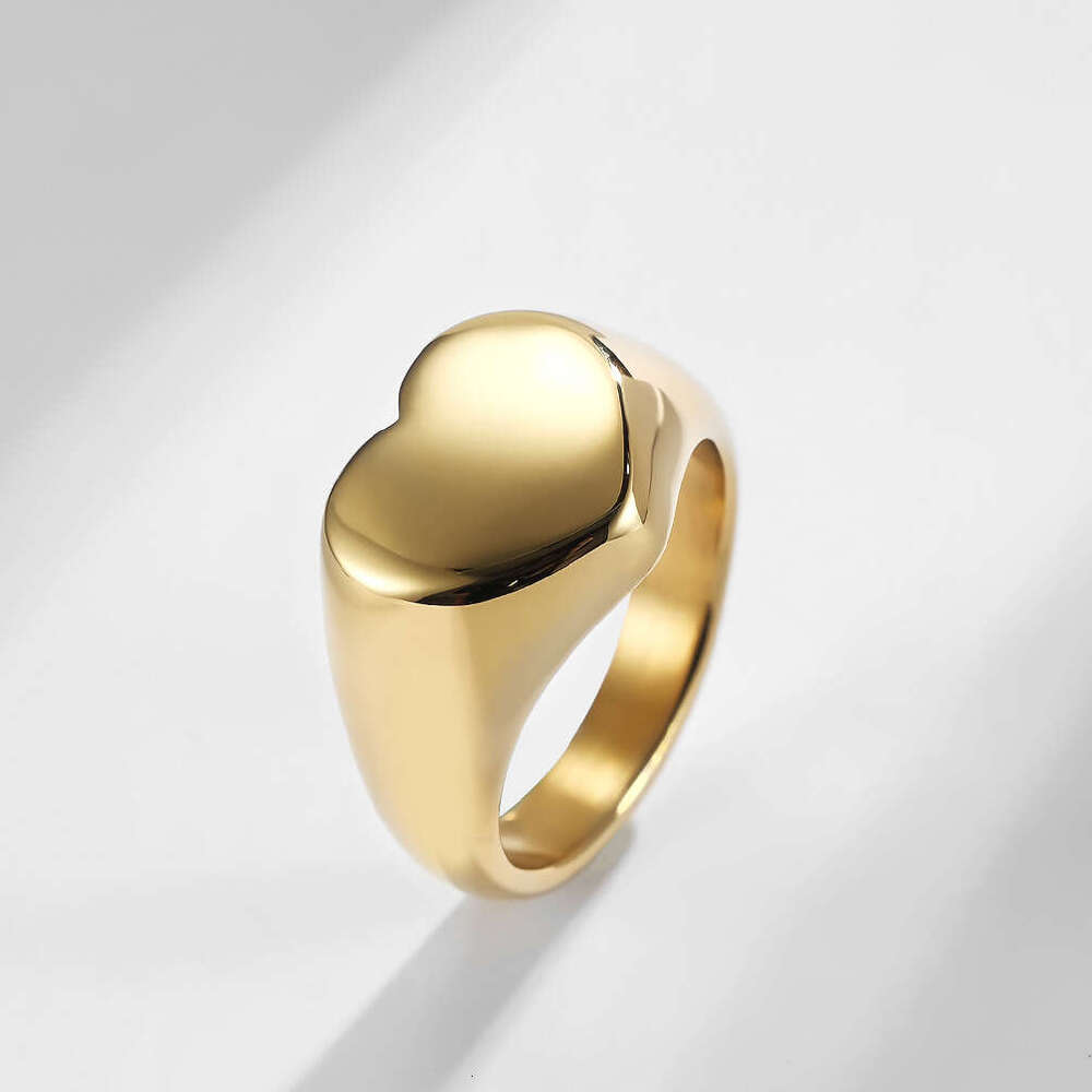 DHpet 2025 New Unisex 18K Gold-Plated Stainless Steel Heart Ring - European & American Luxury Style, Polished Surface, Sizes 5-11, Proposal Jewelry (S