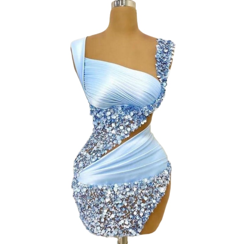 Chic Sky Blue Sheath Cocktail Dress Spaghetti Sequined Satin Illusion Short Mini Graduation Homecoming Dresses For Special Occasions Sweetheart Gowns