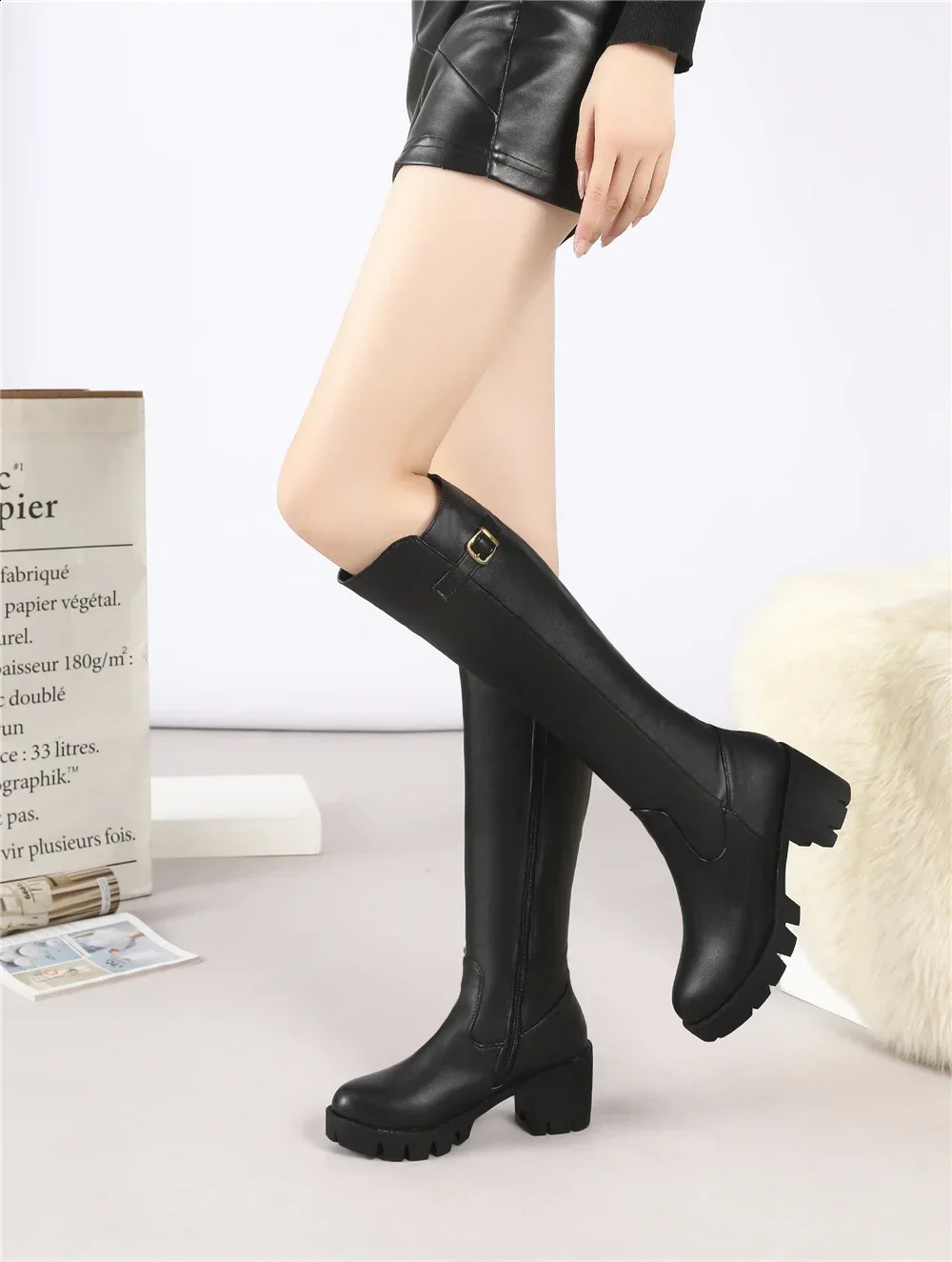 Casual Women Platform Snow Boots Buckle Women Knee High Boots Warm Fur Winter Riding Boot Female Black Brown Shoes Large Size 45 250903