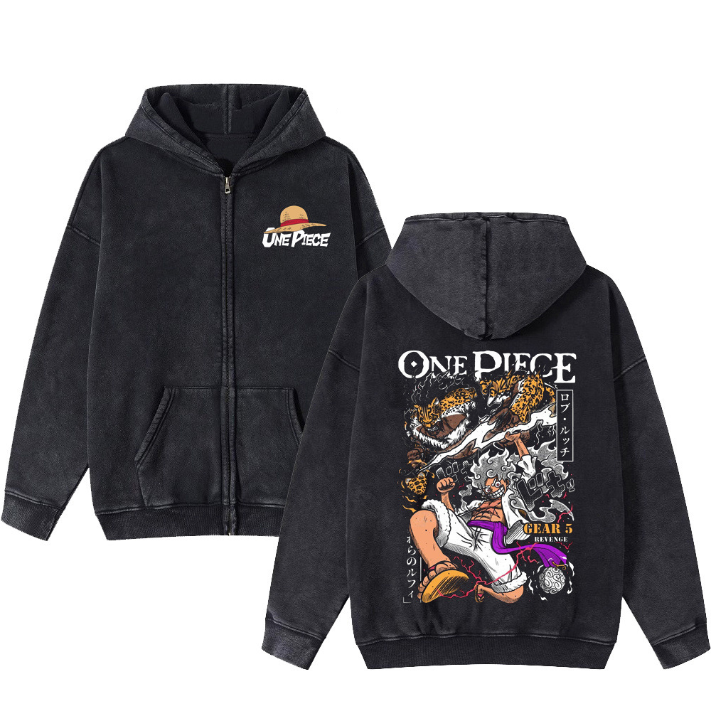 Luffy Fifth Gear American Vintage Washed Zipper Hoodie Unisex Dark Print Hoodie - VT2945