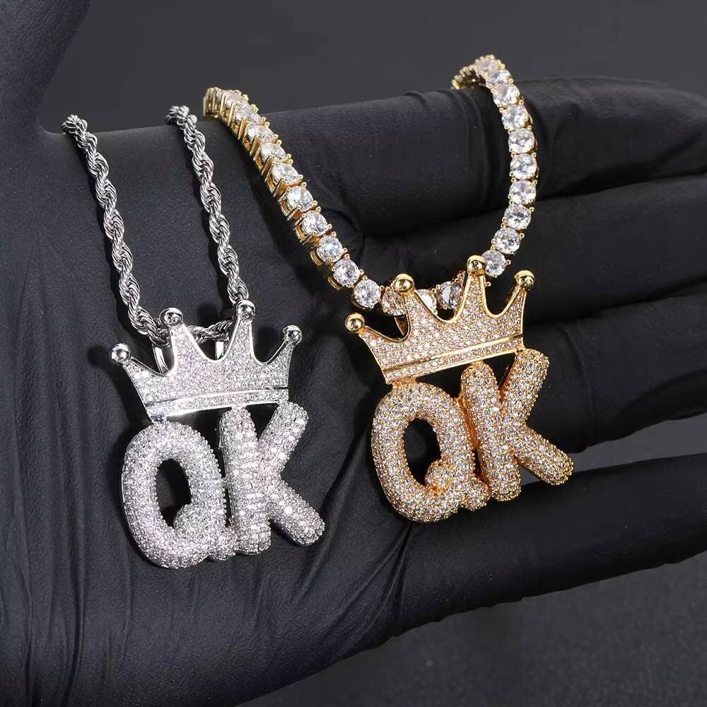 NUOYA Custom Letter Crown Pendant Necklace Gold Plated Hip Hop Moissanite Diamond Inlay Name Jewelry for Women Girls Gift Customizable