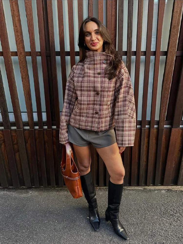 Plaid Wool Blend Stand Collar Jacket Single Breasted Long Sleeve 2025 Autumn Elegant Women Coat Vintage Preppy Lady Chic Outfit 250903