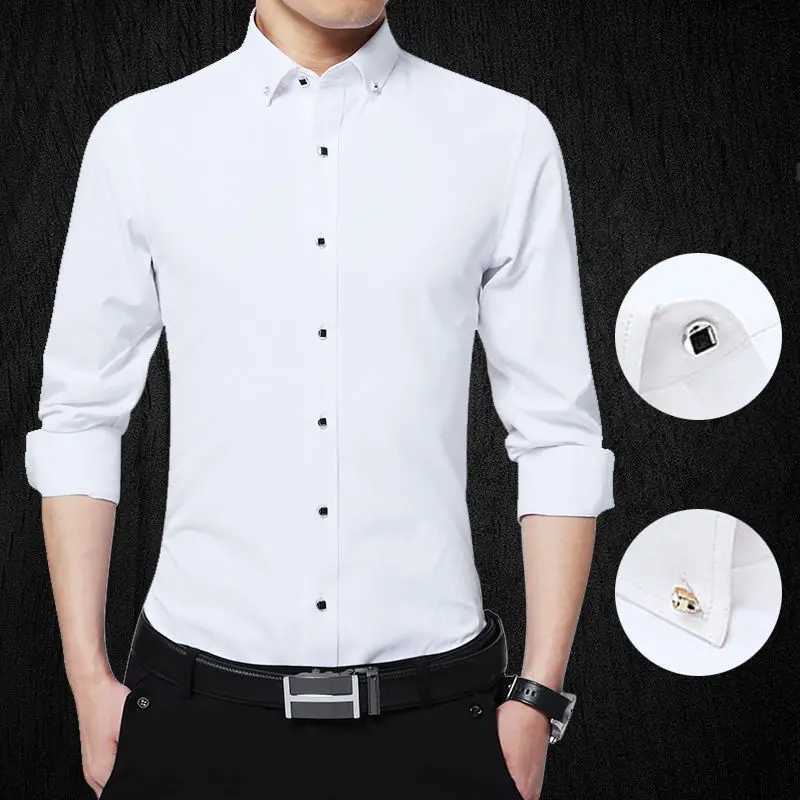Mens Buttondown Shirt Long Sleeve Casual Formal Business Dress Shirts Pocketless Solid Color Blue White Tops Korean Slim Fit X250903