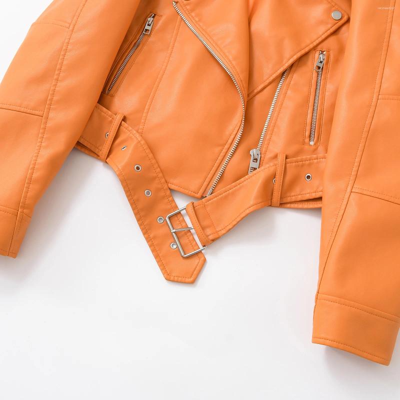 Women's Fur Autumn Winter PU Leather Jacket Lady Lapel Motorcycle Outwear Casual Orange Coat Chic Tops