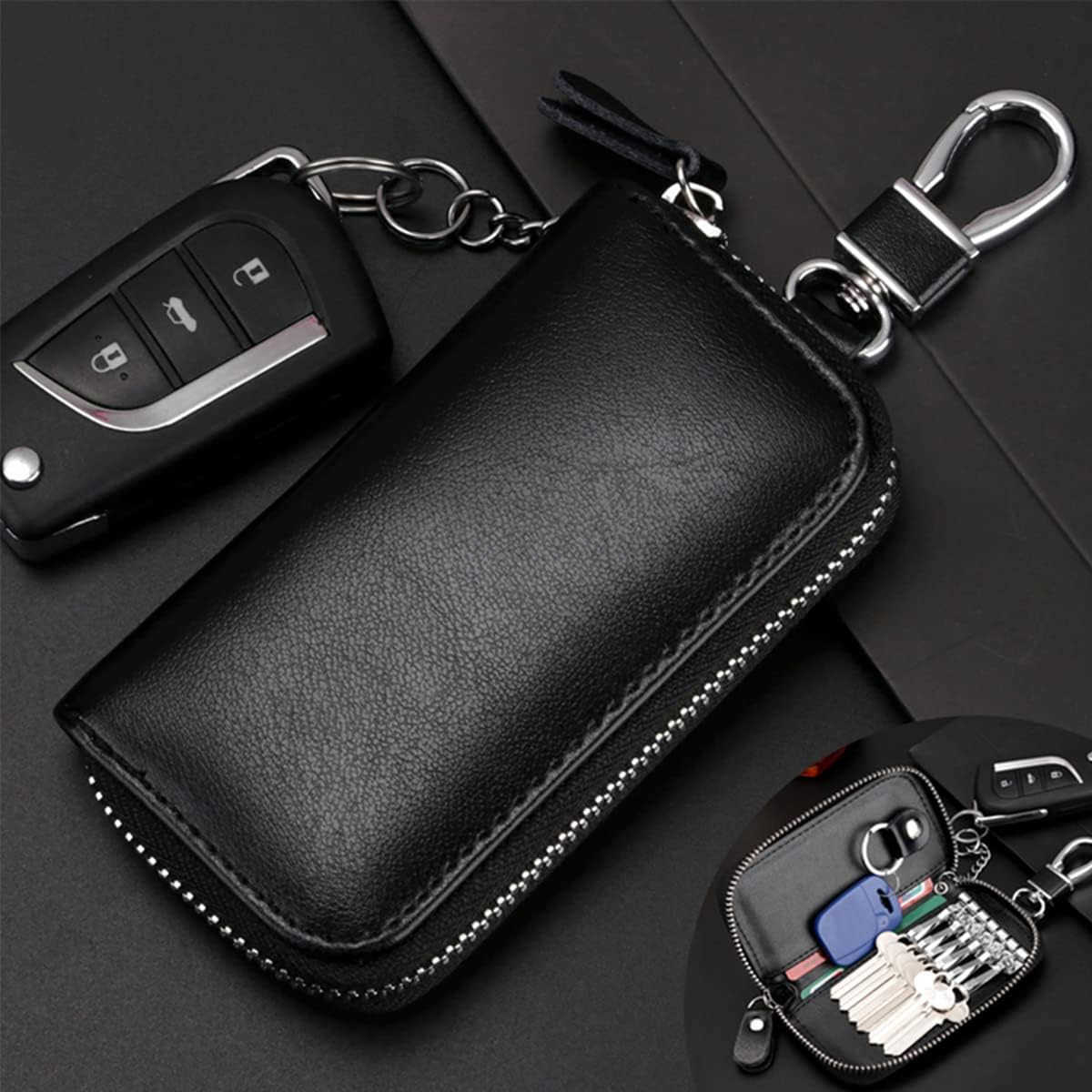 Unisex Mens Womens Premium Leather Car Key Holder Bag Keychain Case Wallet with 6 Hooks Zipper Closure M250904