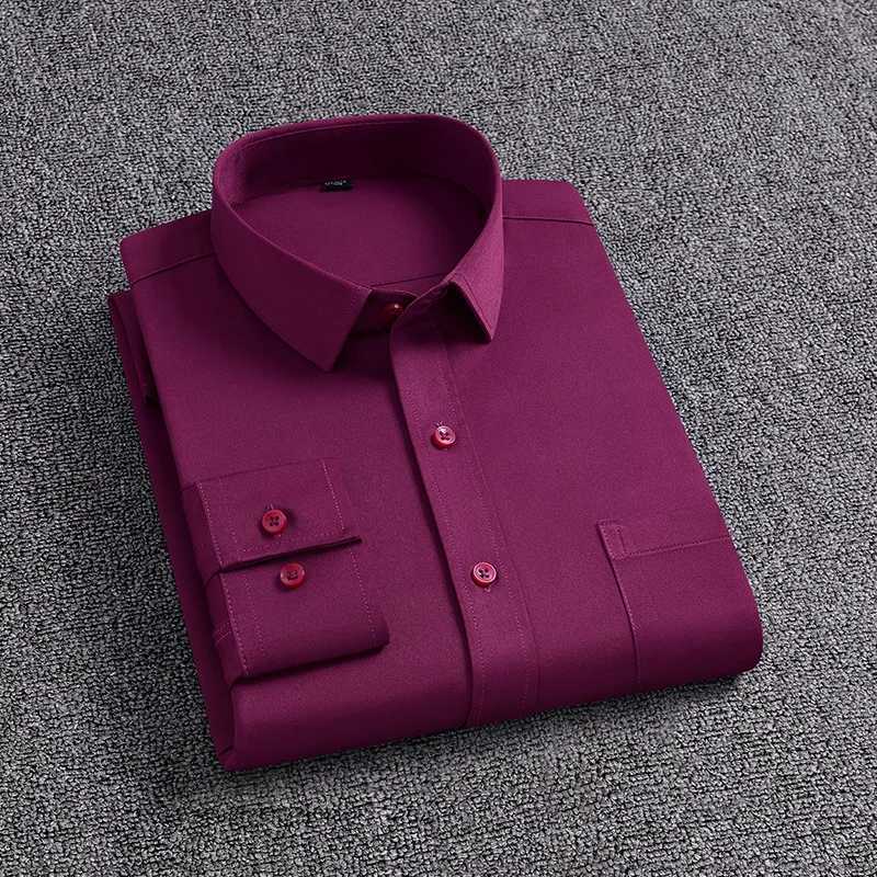 Mens Shirt With Pockets Middleaged Long Sleeve Spring Autumn Casual WrinkleFree FourWay Stretch Business Solid Color Shirt X250903