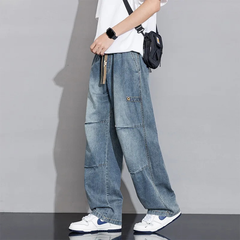 2025 Spring Summer Vintage Washed Cotton Jeans for Men Clothing Drawstring Straight Pants 250823Z