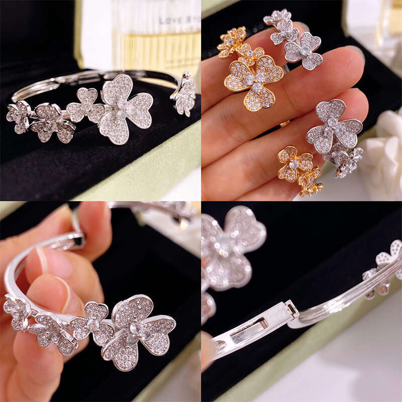 2025 European-American Style Clover Bracelet, Full-Diamond 7-Flower Design, Adjustable Open Bangle, Ins Trendy Jewelry, FK806350348 (Platinum/Gold/Ros
