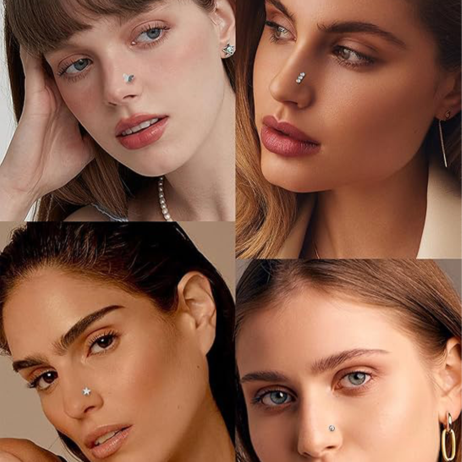 15Pcs G23 Titanium Nose Rings Stud L Shaped Star Heart CZ Flower Butterfly Ball Nose Stud Pure Titanium Nostril Piercing Jewelry for Women Men 20G Sil