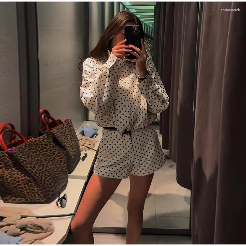 Women's Tracksuits Polka Dot Print Shorts Coats Suits Women Loose High Neck Long Sleeves Zipper Drawstring Sets Female 2025 Autumn Chic Set C2603