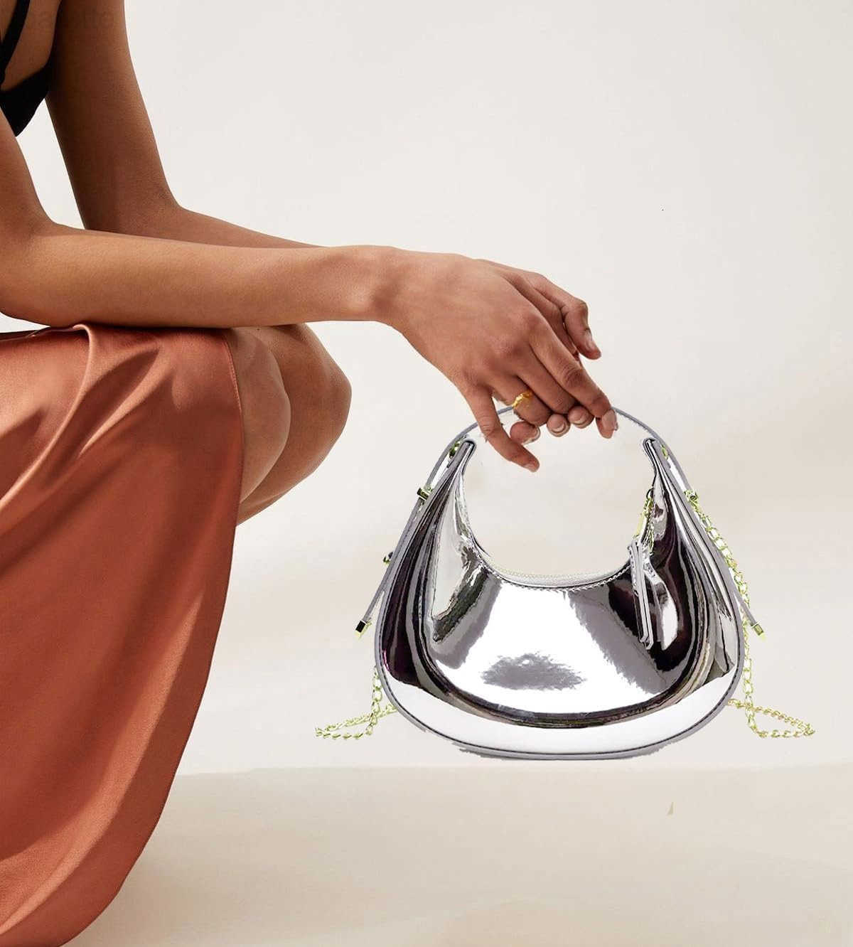 Cute Metallic Purses for Women Stylish Crescent Shoulder Bag Small Gold Crossbody Purse Patent Underarm Moon Bag M250903