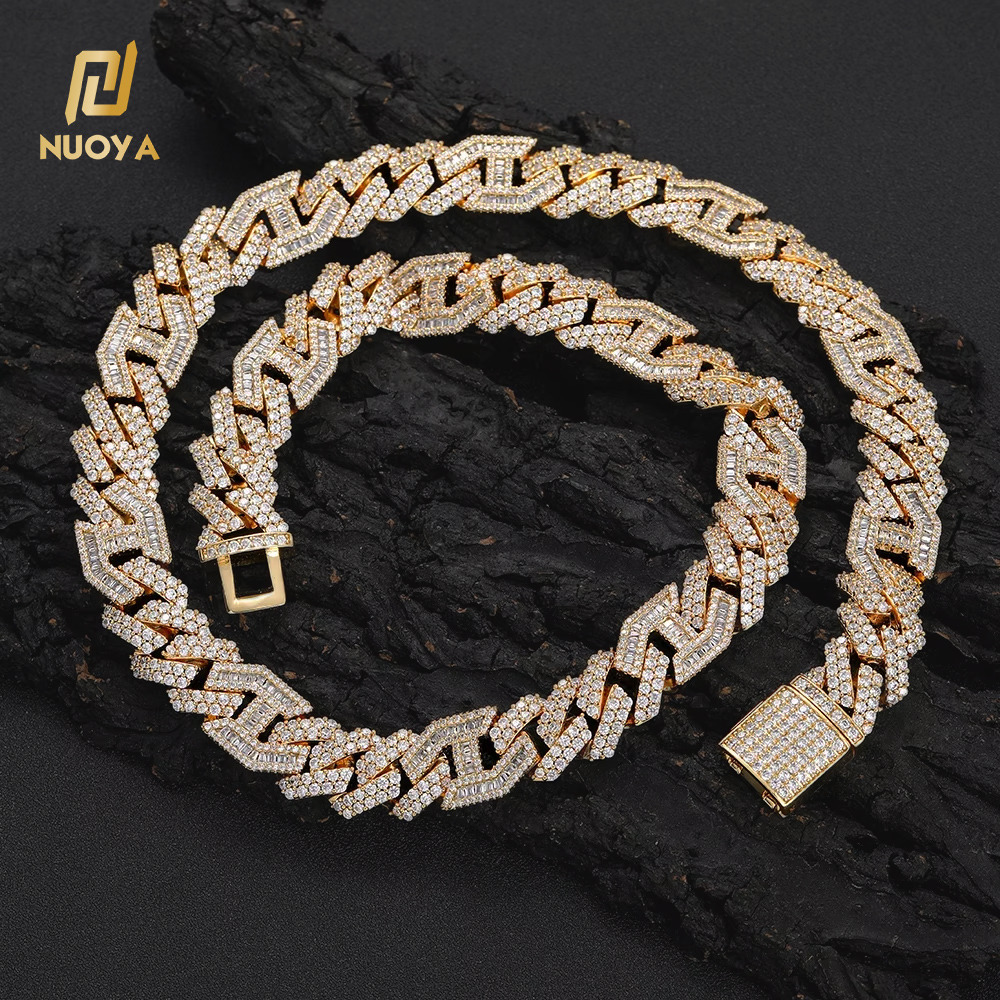 NUOYA High Quality Men Hip Hop Iced Out Cuban Chain Micro Pave Baguetter Moissanite Prong Cuban Link Chain Necklace for Gifts
