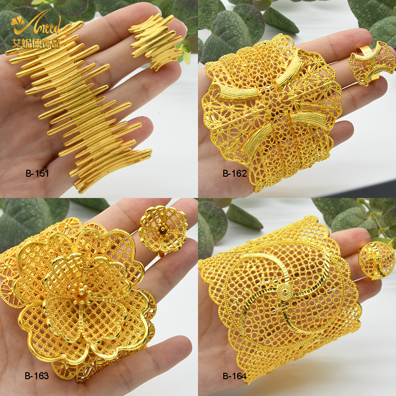 Arab Gold Plated Bracelet Ring Copper Large Bangle Jewelry Set for Women Adjustable Ring Fashion Wedding Jewelry 240921