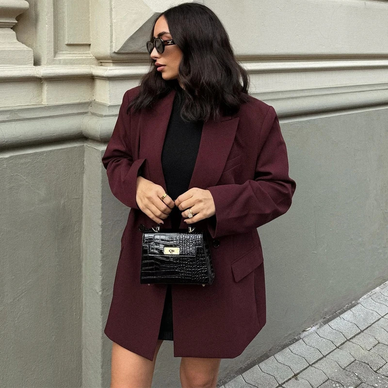 TRAF Womens Blazer Outerwears Office Wear Women Suit Jacket Autumn Long Sleeve Burgundy Blazers Formal Woman Minimalist Blazer 250903