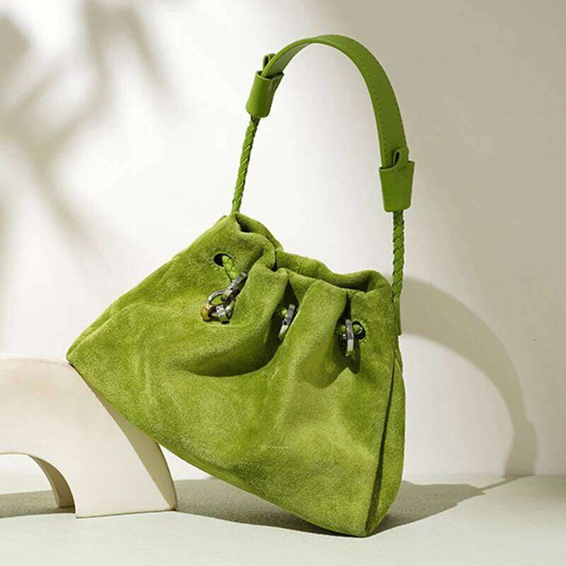 Designer Cowhide Suede Crossbody Shoulder Bag,Genuine Leather Drawstring Lucky Handbag,Women Casual Cloud Pleated Sling Bag