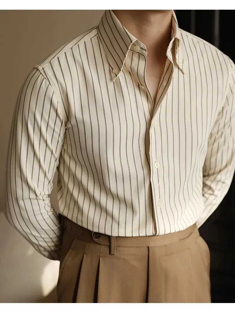 Men Casual Striped Long Sleeve Shirt Autumn Business Slim Fit Fashion Point Collar Shirt X250903