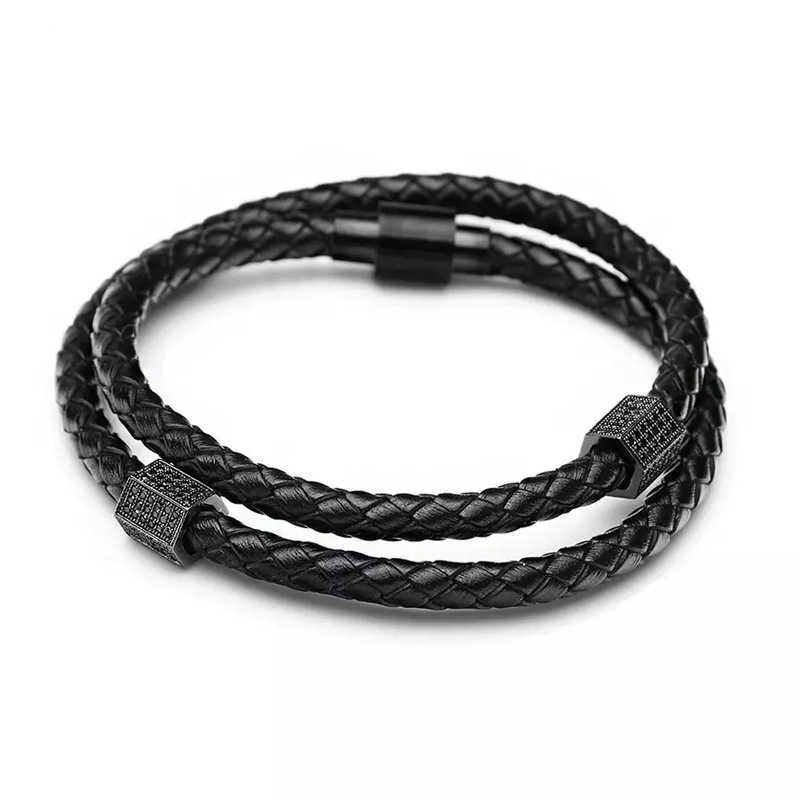 Leather woven double-layer bracelet with European style titanium steel square clasp, featuring distinctive design. RS-64 European style bracelet S2593