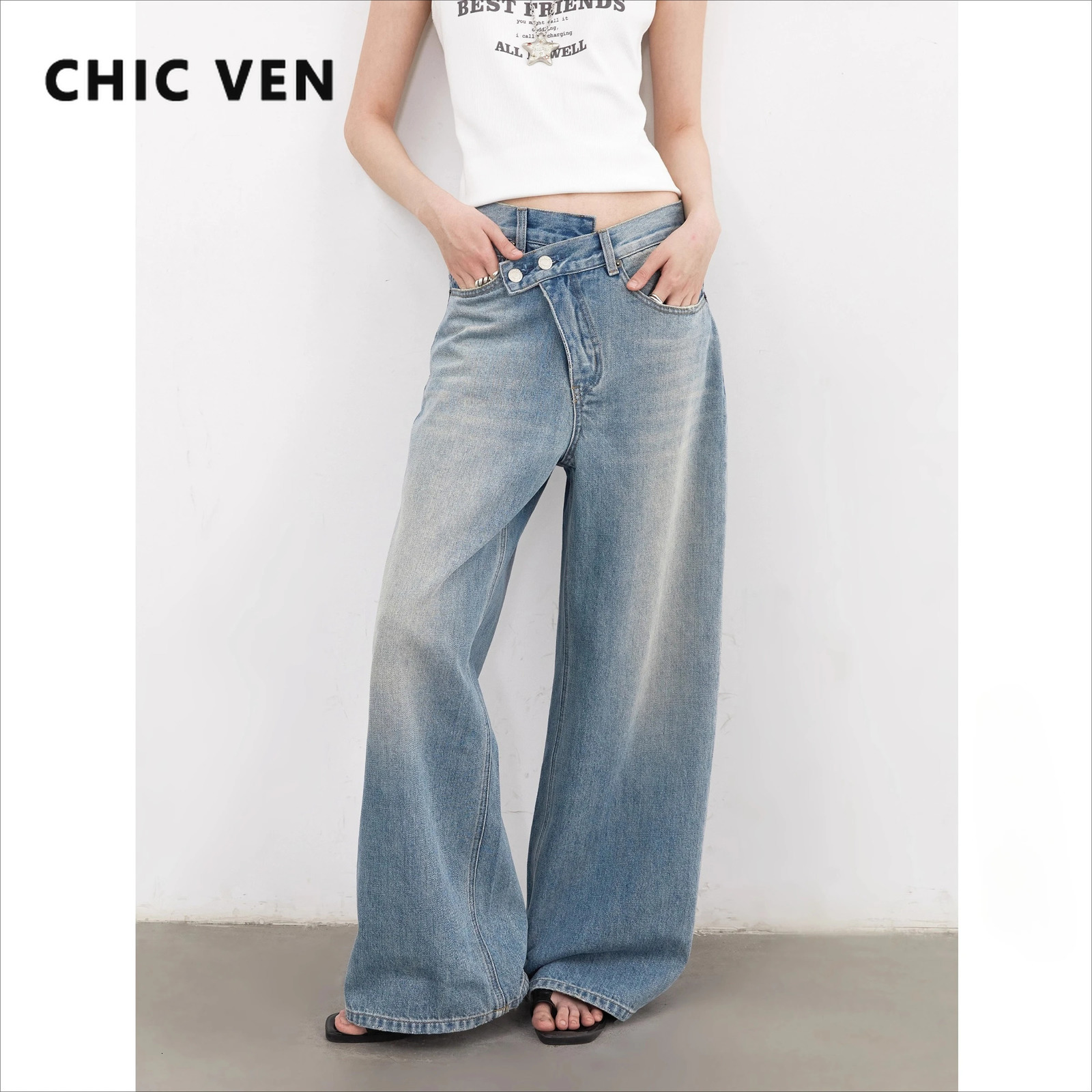 CHIC VEN Women Jeans Irregular Waist n Retro Blue High Waisted Wide Leg Trousers Female Denim Pant Spring Autumn 2025 250823