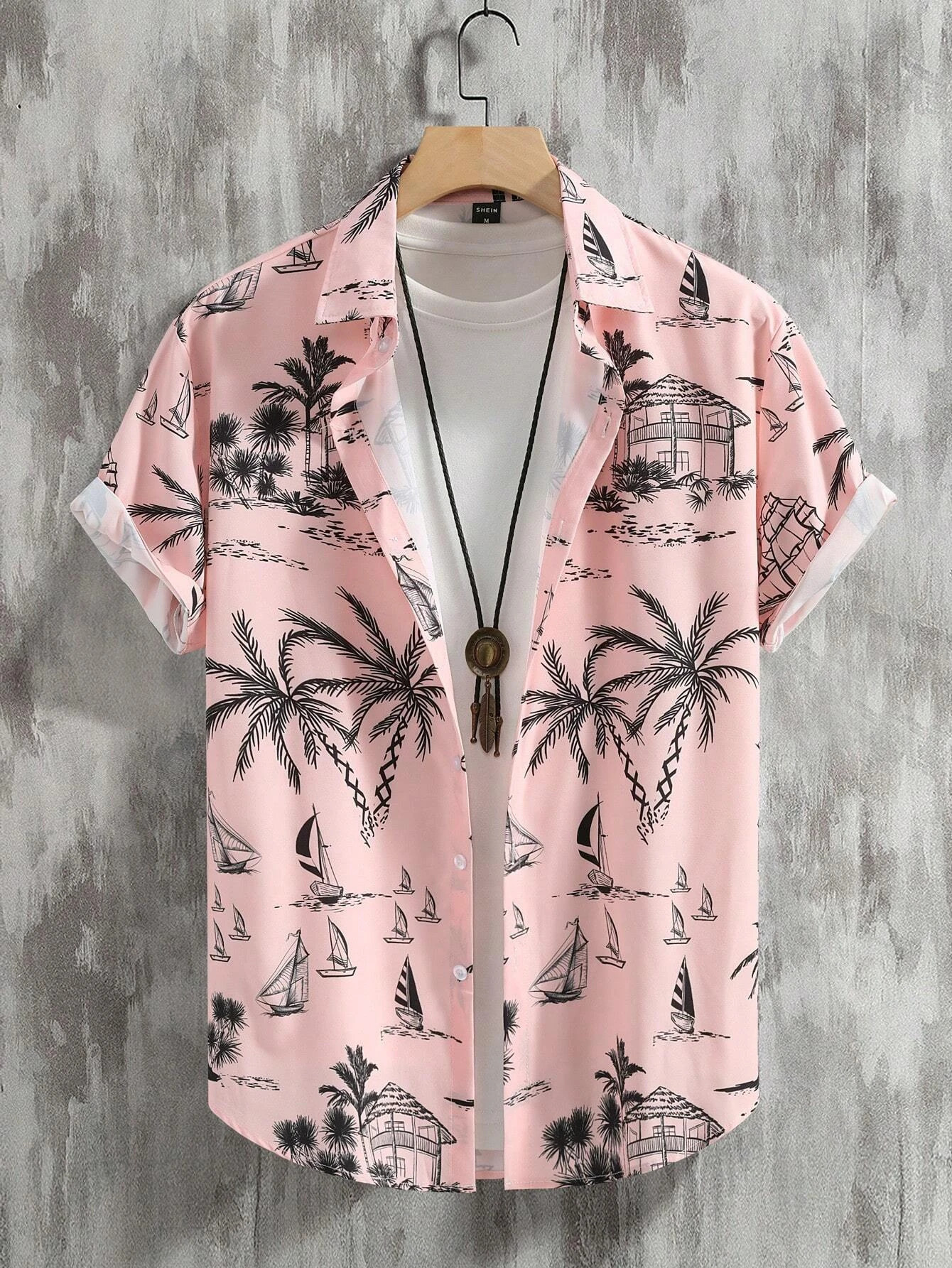 Mens Coconut Tree Graphic Print Short Sleeve Lapel Shirt Tops Casual ButtonDown Shirts For Summer Daily Wear And Resort 250902
