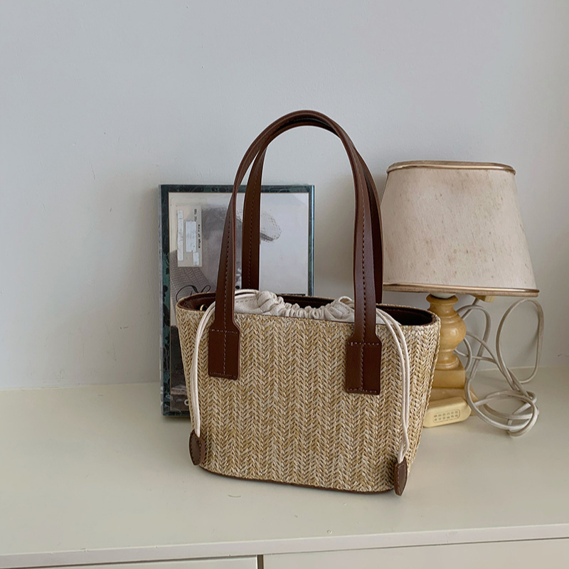 Casual Straw Beach Bag - Handwoven Wicker Bucket with Adjustable Strap for Summer