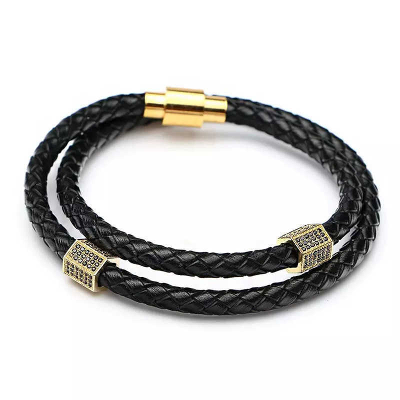 Leather woven double-layer bracelet with European style titanium steel square clasp, featuring distinctive design. RS-64 European style bracelet S2593