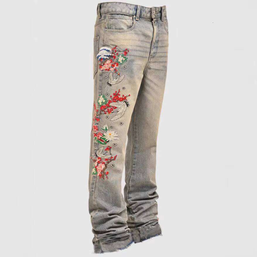 High-Quality Embroidered Printed Men's Washed Loose Jeans Causal Straight Flared Pants Factory