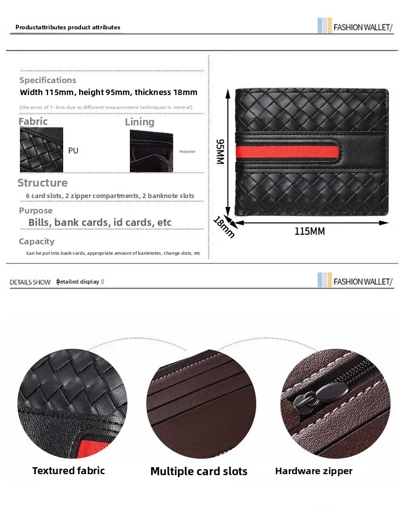Luxury Designer New Men's Ultra-thin Hand Woven Multi Slot Three Fold Leather Wallet Card Bag Fashionable and Simple Coin Purse