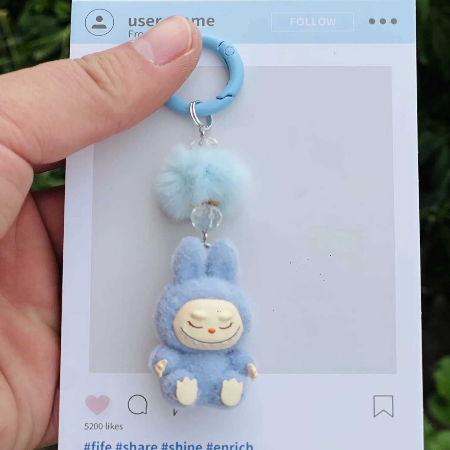 Labubu Mini Flocking Labubu Kaii Particle Keychain Bag Phone Charm Keychain Gift
