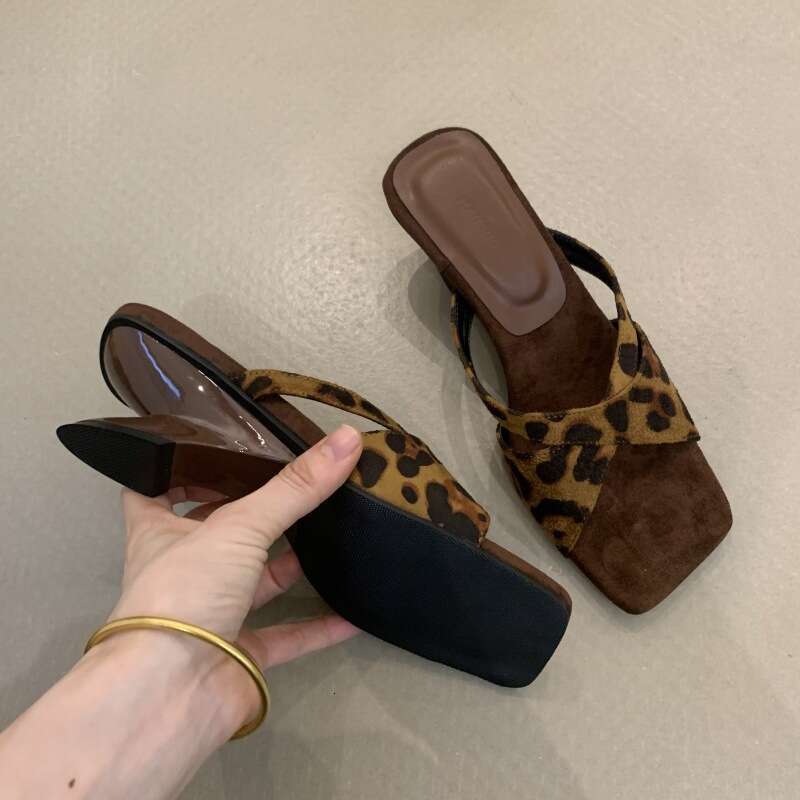 Summer 2025 French Style Leopard Print Cross Wedge High Heel One-Strap Sandals for Women Designer Shoe with Unique Design