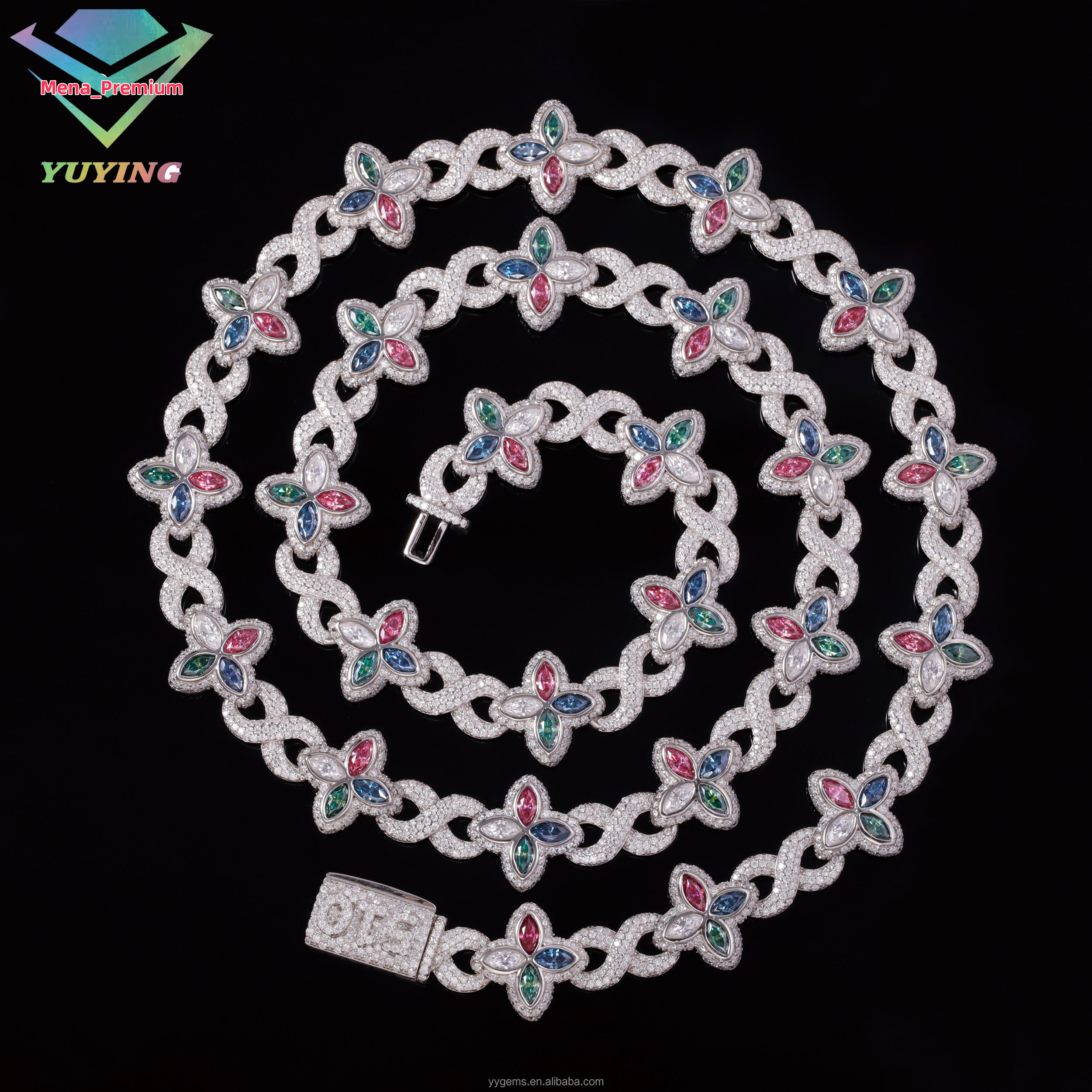 Yu Ying Mixed Colored Moissanite Diamonds 18K Gold Plated 925 Sterling Silver Four Leaf Clover Infinity Cuban Link Chain Jewelry