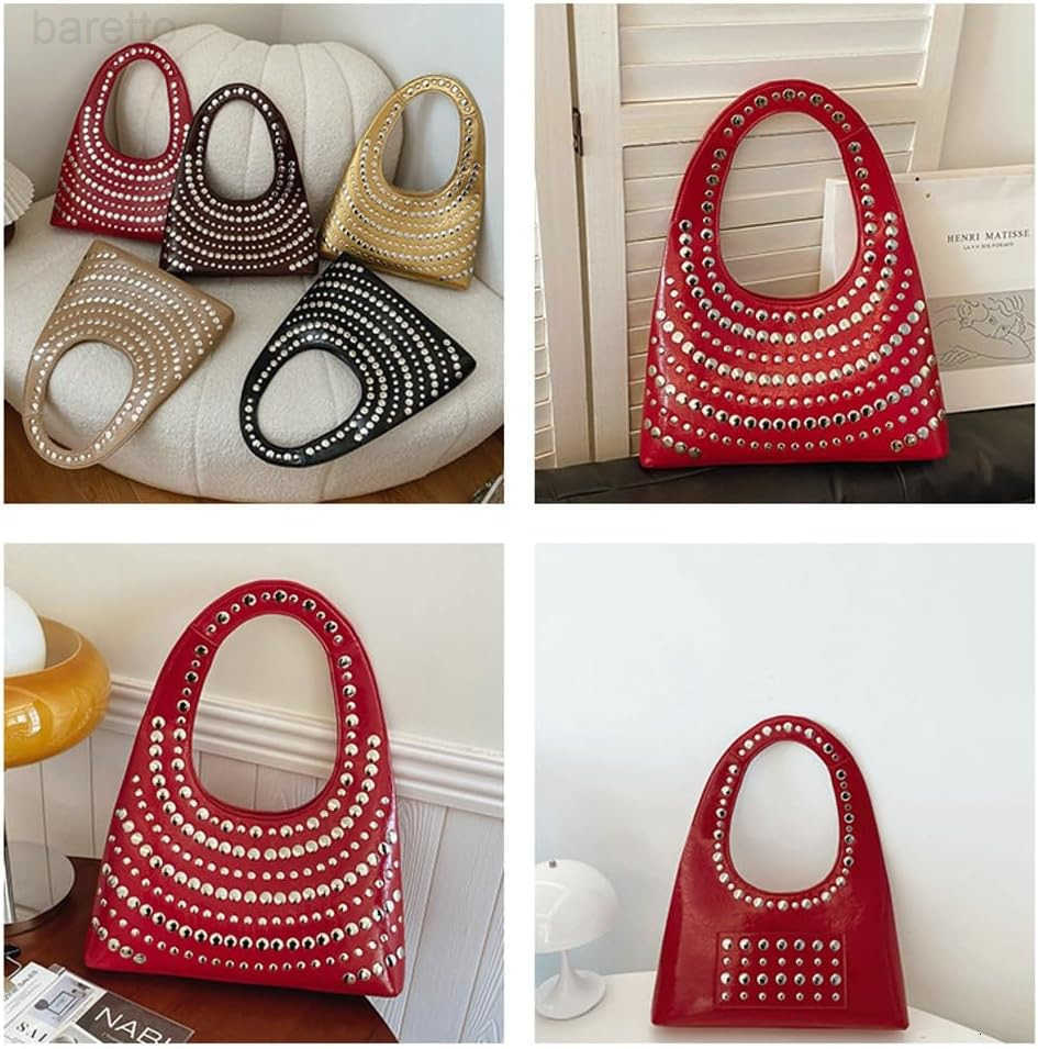 Y2k Crescent Hobo Bag Women 90s Trendy Studded Shoulder Satchels Crossbody Purse PU Leather Punk Underarm Tote Handbag M250903
