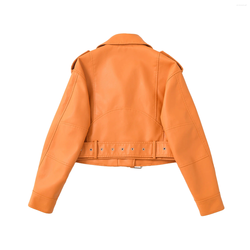 Women's Fur Autumn Winter PU Leather Jacket Lady Lapel Motorcycle Outwear Casual Orange Coat Chic Tops